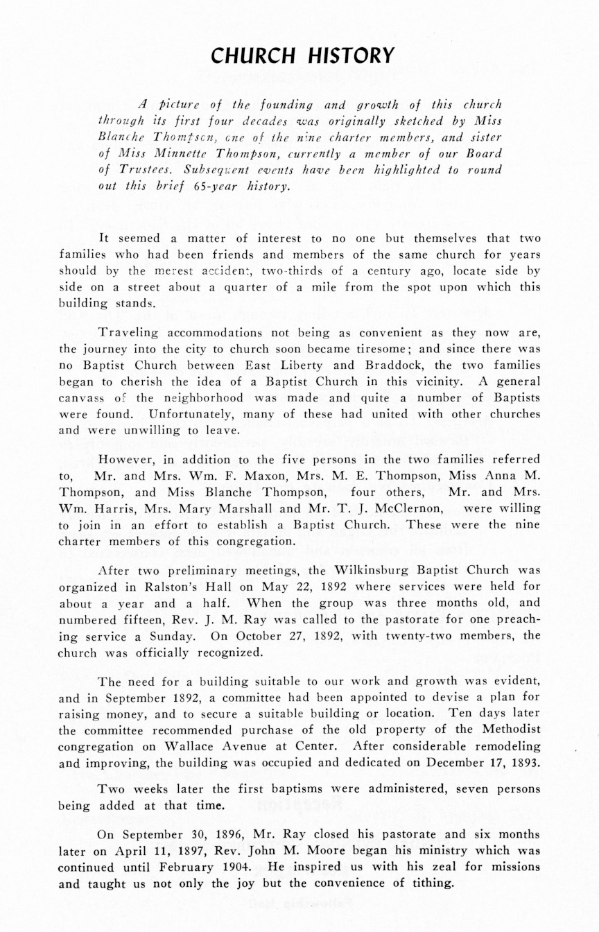 Wilkinsburg Baptist Church Dedication Services